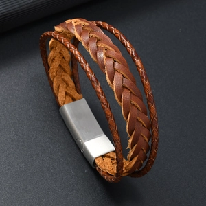 Retro multi-layer brown braided leather bracelet for men with silver magnetic clasp