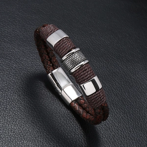 Braided dark brown leather bracelet with stainless steel beads and magnetic clasp