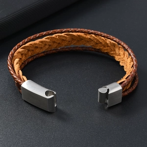 Men's multi-layer braided leather bracelet with stainless steel magnetic clasp closure