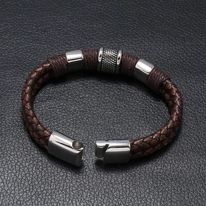 Braided brown leather bracelet for men with textured stainless steel beads and magnetic clasp