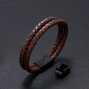 Dual-strand braided leather bracelet for men with black polished magnetic metal clasp