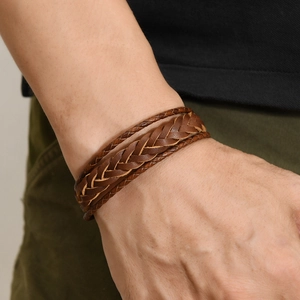 Men's vintage multi-layer braided brown PU leather bracelet with stainless steel clasp
