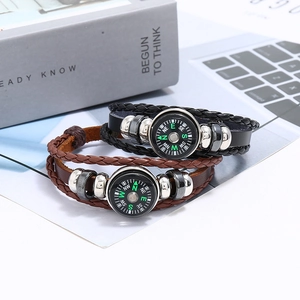 Retro meerlaagse gevlochten lederen armbandenset met functioneel kompas en zilveren kralen