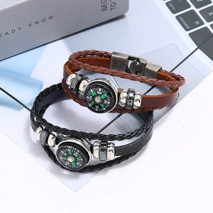 Multilayer braided leather compass bracelet for men and women with alloy metal buckle