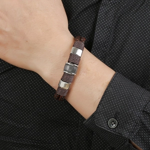 Braided brown leather bracelet for men with silver stainless steel magnetic clasp