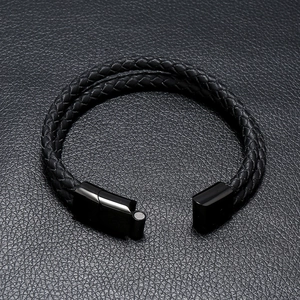 Minimalist double-layer black woven leather bracelet with magnetic metal clasp for men