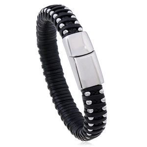 Men Hand-Woven PU Leather Stainless Steel Bracelet Minimalist Magnetic Buckle Bead Chain Style Fashion Wristband Jewelry