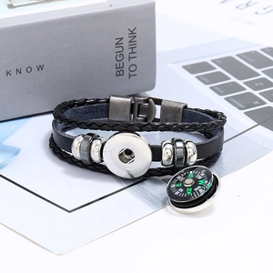 Multilayer black leather compass bracelet with vintage silver alloy clasp for outdoor fashion