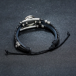 Black multilayer leather zodiac bracelet with silver metal beads and adjustable cord style