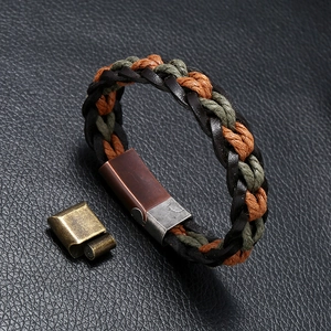 Punk woven leather bracelet with magnetic metal clasp in black and green for men
