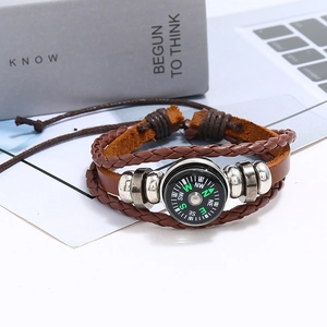 Vintage multi-layer braided leather bracelet with compass charm and metal beads