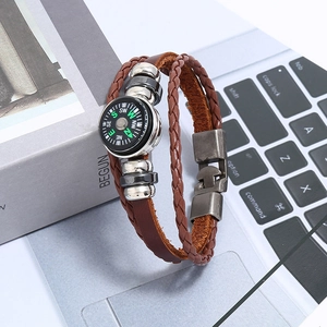Men's outdoor brown braided leather compass bracelet with metallic buckle and beads