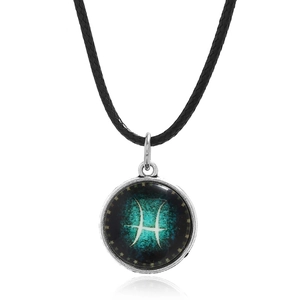 Luminous Pisces zodiac constellation necklace with blue starry sky pendant and black cord