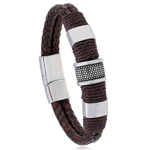 Vintage Punk Men Titanium Steel Braided Leather Bracelet Multilayer Brown Woven Cuff Bracelet With Stainless Steel Magnetic Clasp