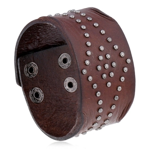 Men Punk Retro Wide Leather Cuff Bracelet With Metal Rivets Adjustable Snap Buttons Brown Rock Jewelry For Daily Party Gift