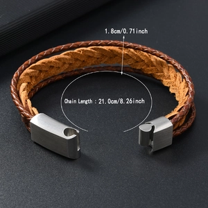 Men's multi-layer braided PU leather bracelet with stainless steel clasp, 21cm length