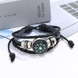 Retro multi-layer braided leather bracelet with functional compass and metallic beads