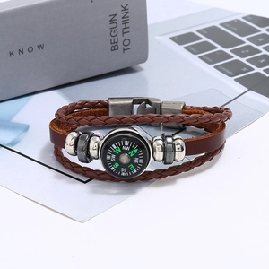 Vintage multilayer braided leather bracelet with functional compass and metal buckle