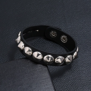 Punk style black PU leather bracelet with silver metal studs and double snap buttons