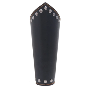 Detail view of black leather arm guards with silver rivets and orange stitching