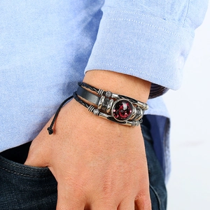 Punk layered leather beaded bracelet with luminous 12 zodiac constellation glass charm