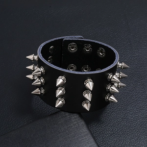 Punk black leather wide bracelet with triple-row silver metal spikes and snap closures