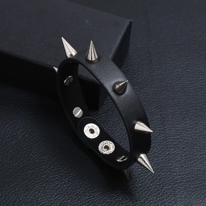 Punk black leather bracelet with silver metal spikes and double-row snap buttons for men