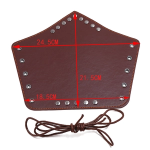 Detailed size map of brown PU leather gauntlet with metal rivets and orange stitching