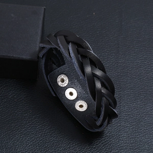 Bracciale vintage in pelle intrecciata nera con triplo bottone a pressione regolabile