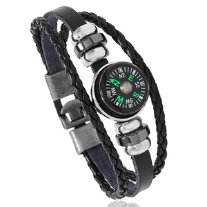 Vintage Multilayer Compass Leather Braided Bracelet For Men Women Alloy Metal Beads Outdoor Punk Style Wristband Jewelry Gift