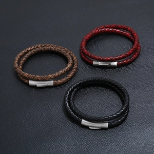 Braided leather double wrap bracelets in black, brown and red with matte steel clasp