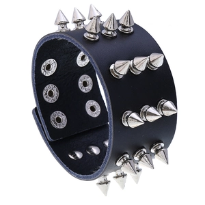 Punk Rock Wide Leather Cuff Bracelet For Men Women Triple Row Silver Spikes Studded Goth Wristband Adjustable Jewelry