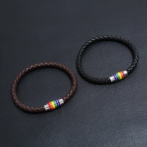 Braccialetti in pelle intrecciata nero e marrone con chiusura magnetica arcobaleno pride