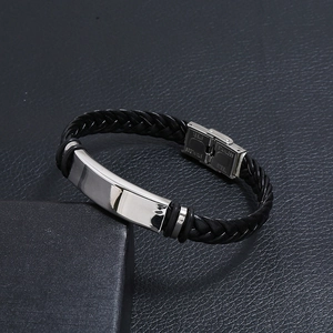 Bracelet vintage pour hommes en cuir tressé noir avec plaque en acier inoxydable poli