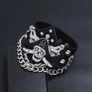 Punk leather bracelet with silver pirate skull crossbones and heavy metal chain