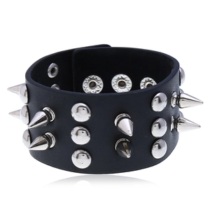 Punk black leather bracelet with three rows of silver alloy spikes and metal studs