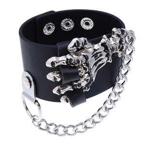 Herren Punk PU-Leder Totenkopfhand Armband Mit Metallkette Gothic Rock Breiter Armreif Verstellbarer Druckknopf Schmuck Schwarz Silber