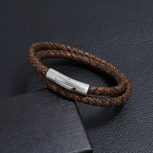 Double-layer dark brown braided leather bracelet with brushed stainless steel clasp