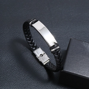 Bracelet vintage en cuir tressé avec plaque en acier inoxydable poli pour homme sur boîte