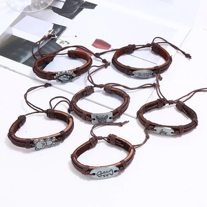6-piece vintage multilayer braided leather bracelet set with animal charms and cord