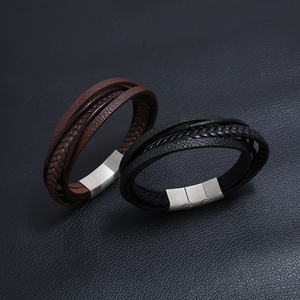 Men's multilayer braided leather bracelet set with stainless steel magnetic clasps