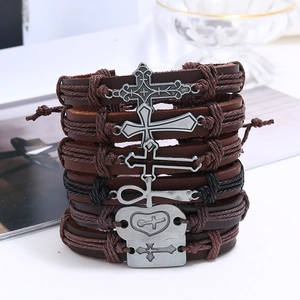 Retro six-piece woven leather bracelet set with adjustable drawstring and cross charms