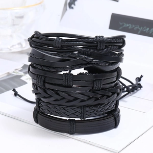 Ethnic style black multi-layer woven leather bracelet set with adjustable cord for unisex