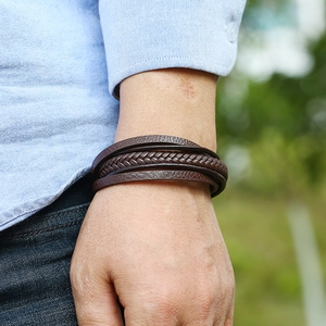 Men's multi-layer dark brown leather bracelet with braided cord and magnetic steel clasp