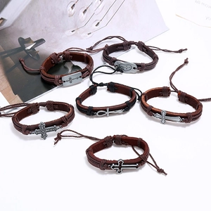 Set of 6 vintage braided leather bracelets with cross and Ankh charms for men