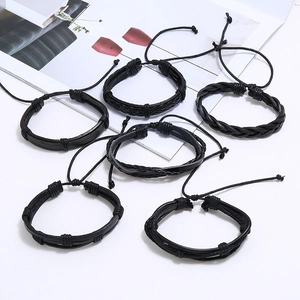 6-piece set of black woven leather bracelets with adjustable pull-string closure for men