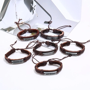 Lot de 6 bracelets en cuir tressé vintage avec plaques en métal gravées et cordons réglables