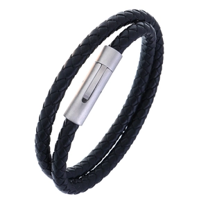 Men's double-wrap braided black leather bracelet with brushed stainless steel clasp