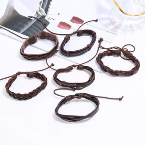 6-piece set of vintage braided leather bracelets in dark brown with adjustable cords