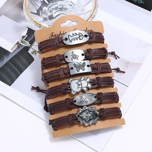 Set of 6 vintage multi-layer braided leather bracelets with silver animal pendants